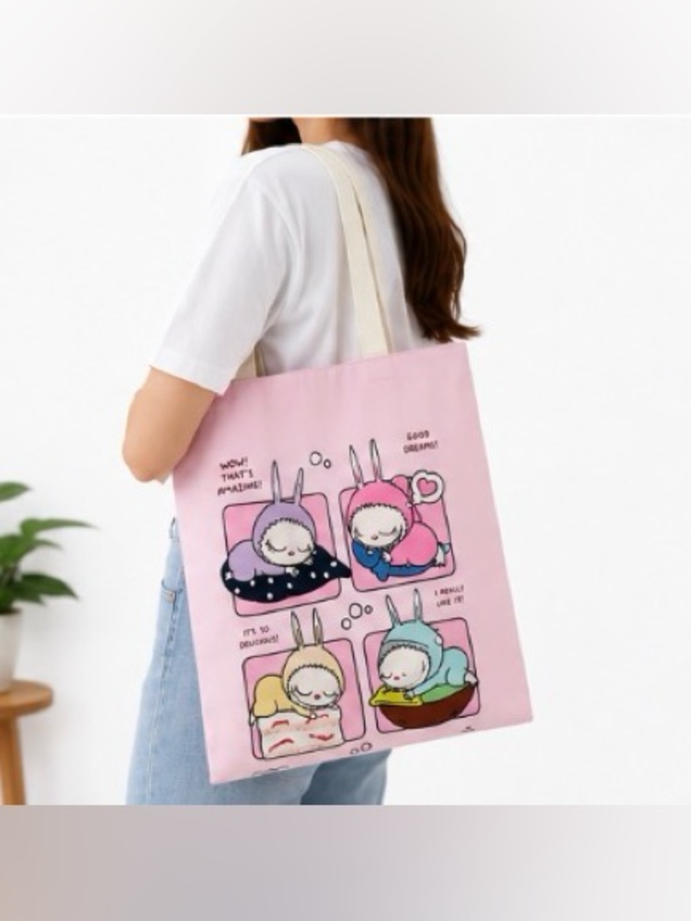 Cute Sleeping Bunny Cartoon Tote Bag 13” x 14” Reusable Canvas Shoulder Bag